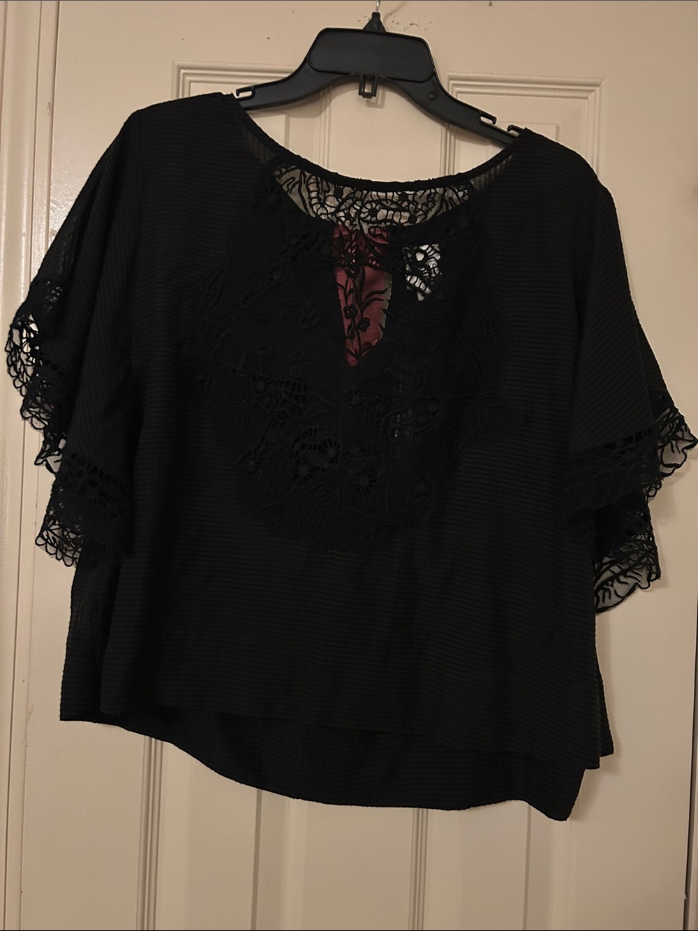 Anthropologie Black Lace-Inset Short Sleeve Blouse